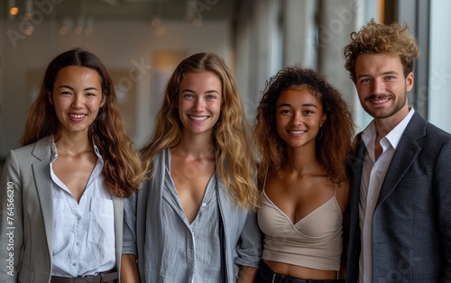 A team of people in formal wear and dress shirts are posing together for a fun event. They are all smiling and some are wearing ties and fashionable designs. They look united and stylish