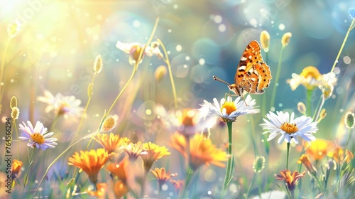 Beautiful wild flowers background with butterfly on sunny spring meadow © Media Srock