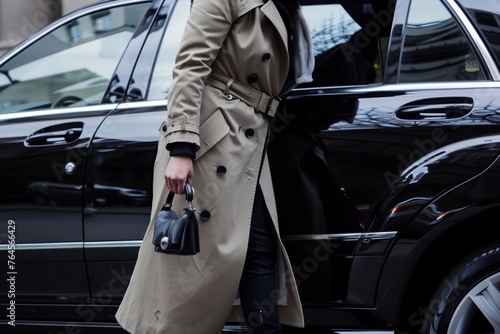 person in a trench coat entering a black sedan photo