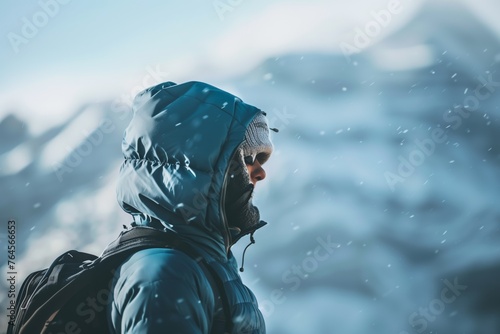 hiker with insulated jacket braving cold mountain winds