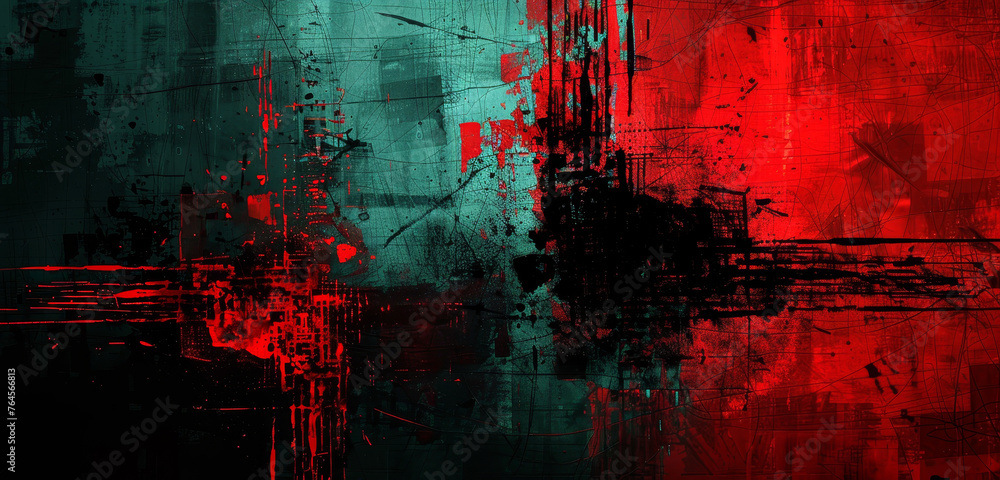 Bold abstract art with splashes of red and black, creating a dynamic and distressed urban texture.