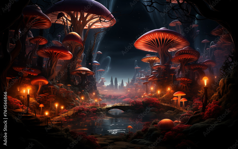 Beautiful night landscape with big magic mushrooms.