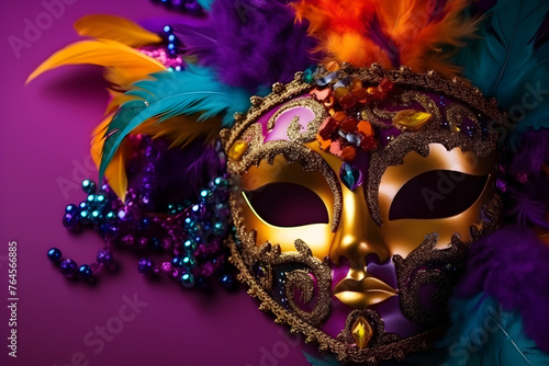  Mardi gras mask, vibrant and rich colors, top angle, right copyspace, purple background © Nim