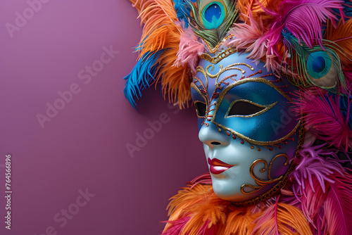  Mardi gras mask, vibrant and rich colors, top angle, right copyspace, purple background © Nim