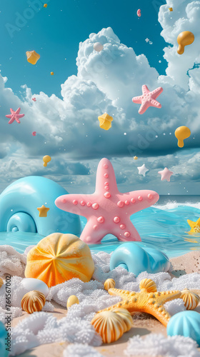 3D cartoon colorful summer beach