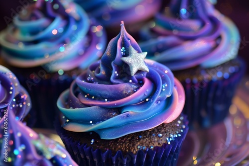 .Galaxy themed cupcakes with swirling cosmic colors in the icing, topped with glittery edible stars, showcasing the fascination with space and fantasy