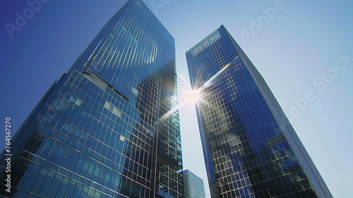 Generative AI   Skyscraper glass facades on a bright sunny day with sunbeams in the blue sky.