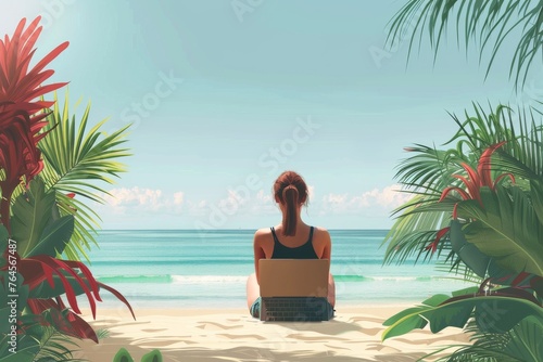 Digital Nomad's Tropical Paradise: Woman Balances Freelancing and Relaxation with Laptop on Serene Beach, Embracing Idyllic Coastal Life and Connectivity for a Perfect Summer Work Getaway. © Leo