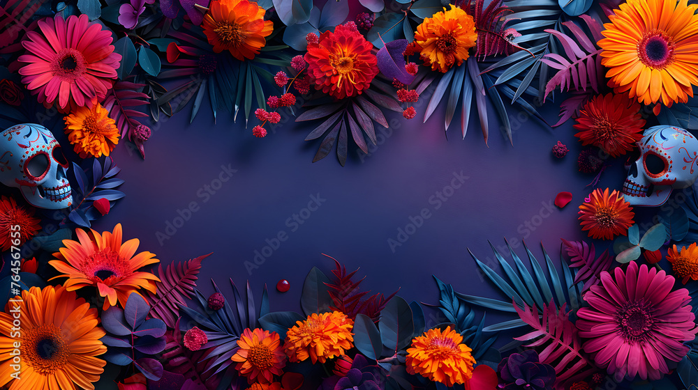 Mask day of the dead, sugar skulls, colorful, flowers, top angle, right copy space. Mask day of the dead, sugar skulls, colorful, flowers, top angle, right copy space.