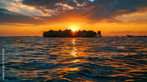 Generative AI : sunset on a paradise island from the water photo