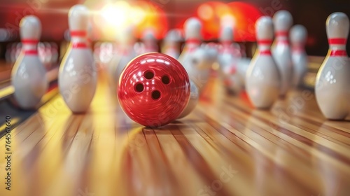 Bowling strikes. Bowling Ball crashing into the pins on bowling alley line