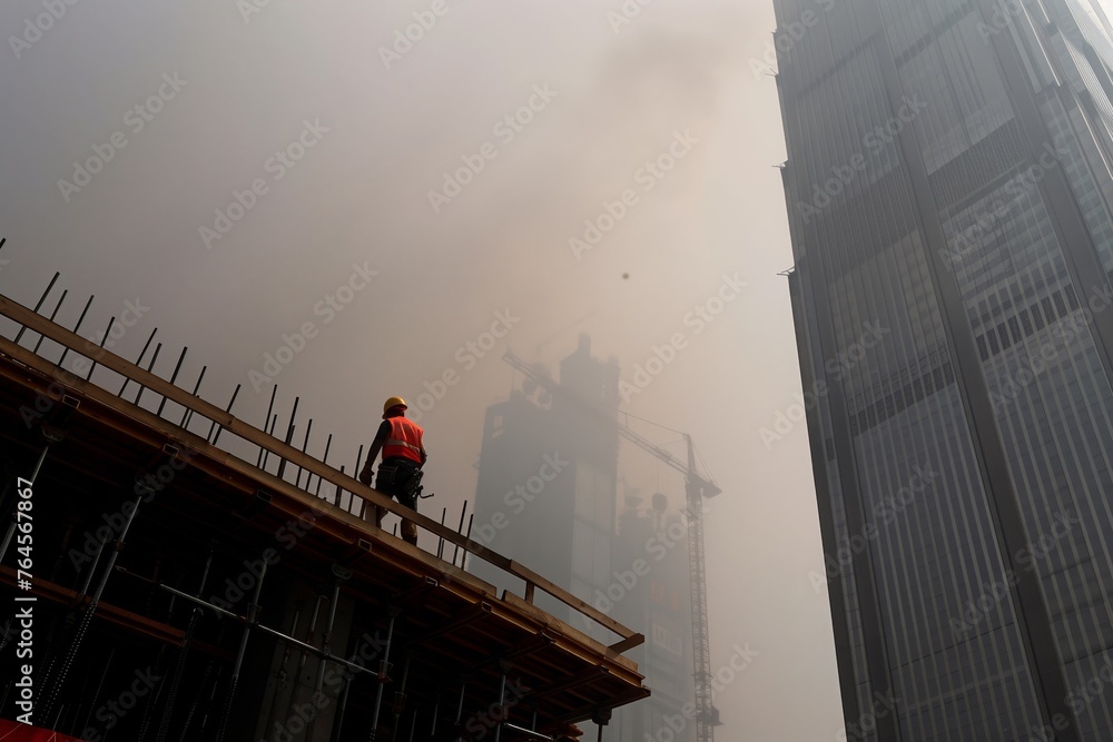 construction worker at a skyscraper base, smog hovering above