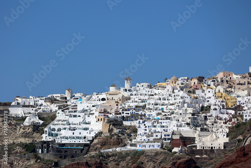 View of the coastal village Oia on the crater rim from the Cyclades island of Santorini-Thera -Greece