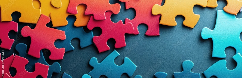 World Autism Awareness Day. Red and yellow, blue puzzles In a blue background. The concept of awareness of autistic disorders. A horizontal banner with a place for text. World Autism Awareness Day. Red and yellow, blue puzzles In a blue background. The concept of awareness of autistic disorders. A horizontal banner with a place for text.