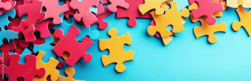 World Autism Awareness Day. Red and yellow, blue puzzles In a blue background. The concept of awareness of autistic disorders. A horizontal banner with a place for text. World Autism Awareness Day. Red and yellow, blue puzzles In a blue background. The concept of awareness of autistic disorders. A horizontal banner with a place for text.