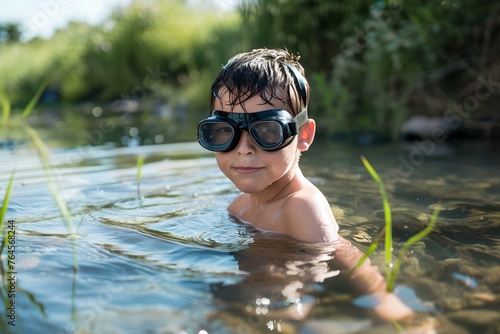 kid wearing goggles wading in shallow water