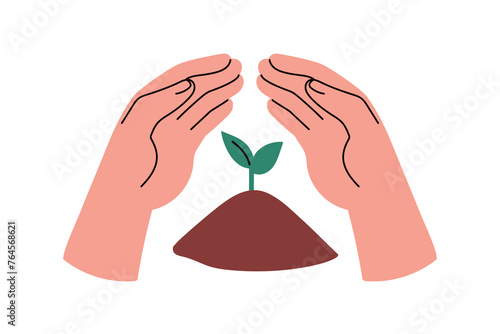 Leaf plant growing in earth, ground. Hand caring about green sprout, saving nature. Ecology, environment conservation, protection concept. Flat graphic vector illustration isolated on white background