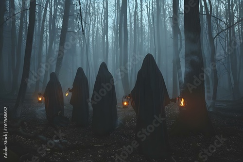 Witches in Black Cloaks Performing a Ritual in a Dark Forest: Halloween Witchcraft Scene. Concept Halloween Photoshoot, Witchy Aesthetics, Dark Woods Ritual, Spooky Atmosphere, Black Cloaks