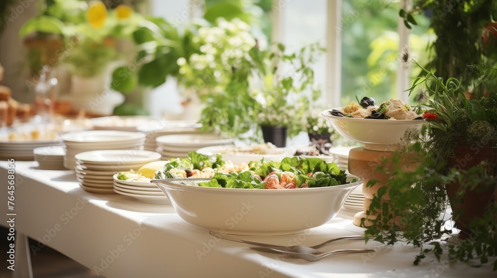 Buffet Table with dishware waiting for guests Buffet Table with dishware waiting for guests
