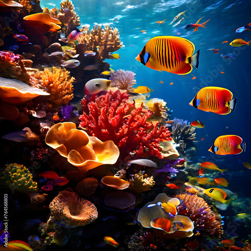 Within the heart of a vibrant coral reef, a kaleidoscope of marine life thrives, a symphony of colors and shapes. © Baxit Aly