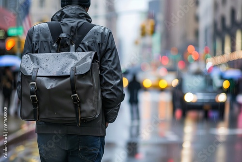 waterproof messenger bag on a commuter in the city rain