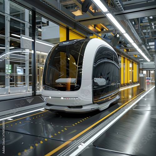 "Autonomous pod car on assembly line in high-tech manufacturing facility. Modern transportation and automotive production concept. Ideal for industrial, technology, and innovation themes."