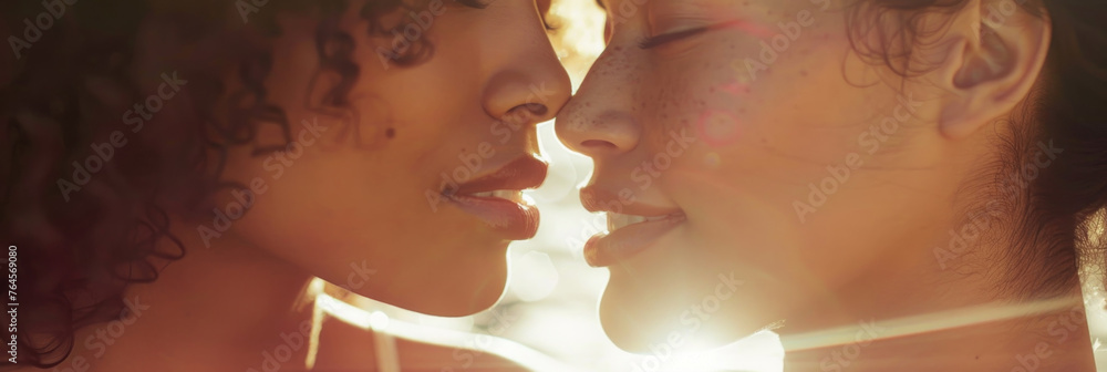 Two women share a close, intimate moment, with their faces nearly touching in the warm, soft glow of the setting sun - obrazy, fototapety, plakaty 