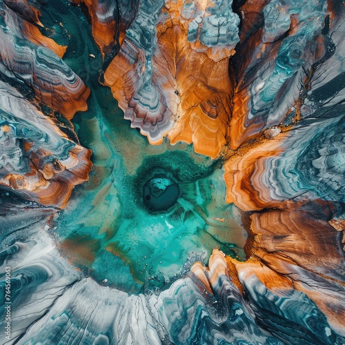 "Top view of a colorful geological formation with a natural pool. Earth's natural beauty and mineral diversity concept for environmental and geological exploration themes."