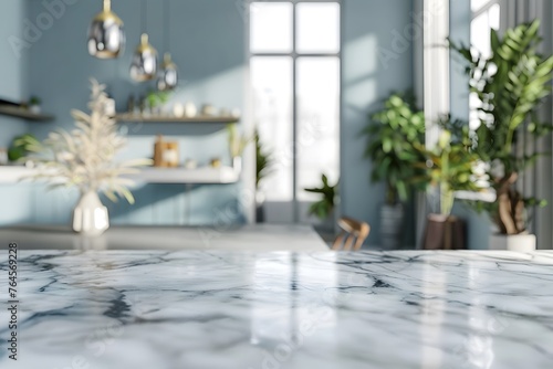 Empty marble table top with blurred kitchen in the light blue color © Diacanvas
