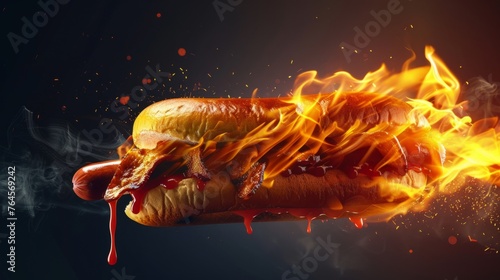 A close-up shot of an angry hot dog caught fire from the heat, the concept of food. On a dark background highlightdetails.  