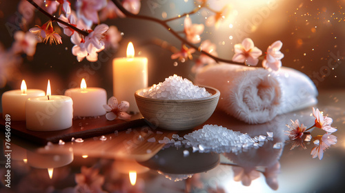 Spa relaxation scene with candles and springtime cherry flowers