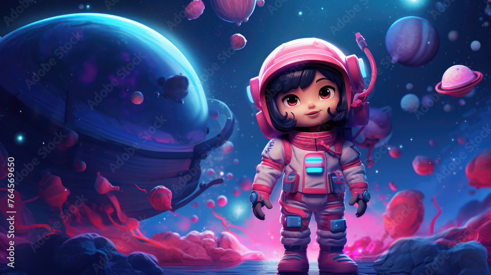A 3d tiny cute robot astronaut boy mascot character with spaceman suit, standing, posing, walking and floating in space, with moon surface, rocket and universe background