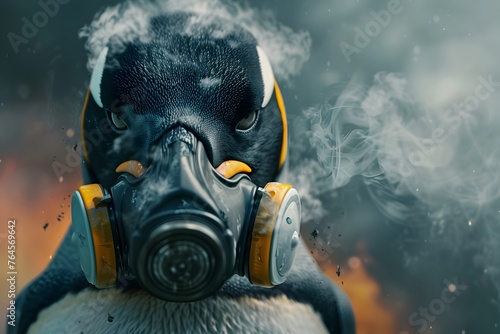Close-up of a person wearing a gas mask in a smoky,industrial environment suggesting a hazardous or dangerous situation photo