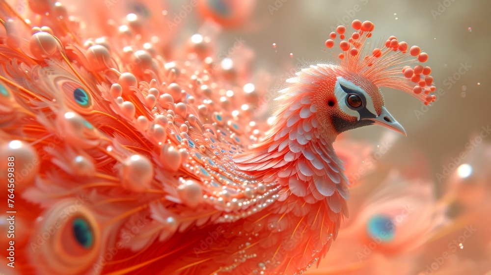 Obraz premium Portrait of beautiful peacock with feathers in orange colors