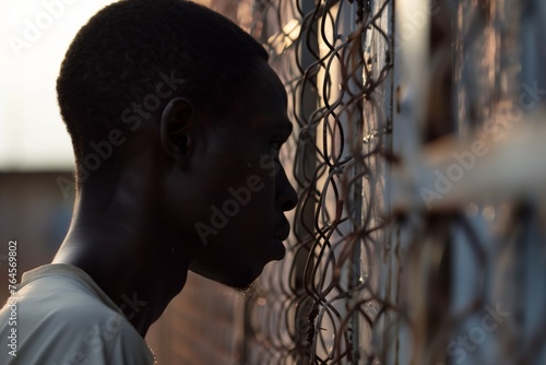 profile of an inmate staring out from fence