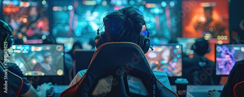 "Esports Competitor Concentrating on Strategy Game at Gaming Event."