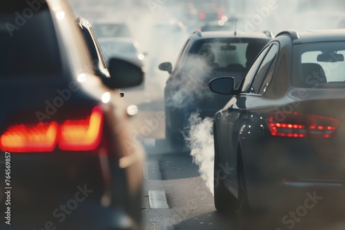 exhaust fumes rising from cars in congested traffic photo