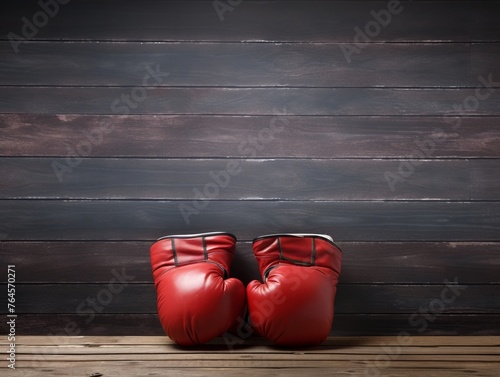 A pair of red boxing gloves rest against a natural wood wall © Елена  Барская