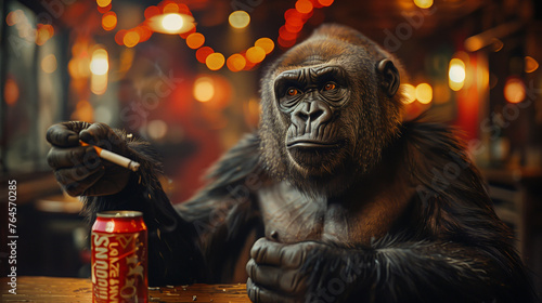 a gorilla with a cigarette and a beer, sitting at a table in a bar.