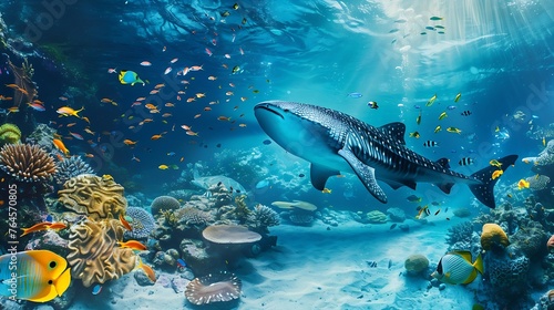 Generative AI   background of beautiful coral reef with marine tropical fish. Whale shark  