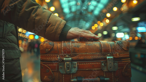 close-up of a traveler's hand gripping a wet suitcase handle during a rainy night in the city.. photo