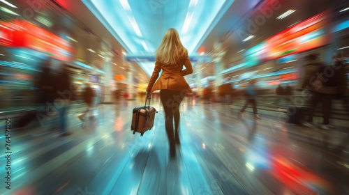 A woman in a stylish coat briskly walks through a bustling airport terminal, photo