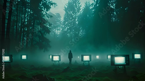 A person standing in front of a forest with old televisions displaying static noise. The concept of isolation and commentary on technology. photo