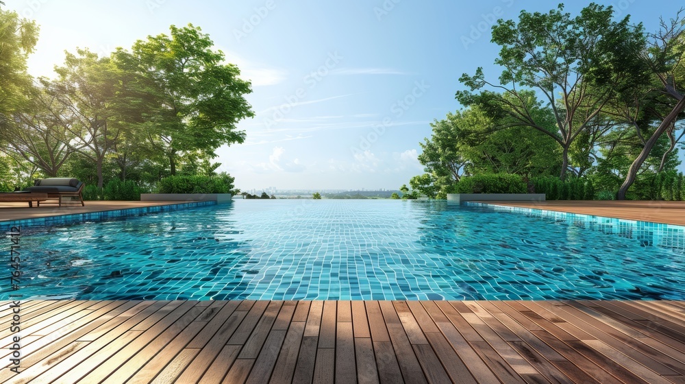 Infinity pool with panoramic ocean views surrounded by lush greenery and a wooden deck