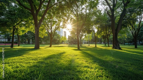 Beautiful landscape of a city park, with beautiful grass, trees and sun