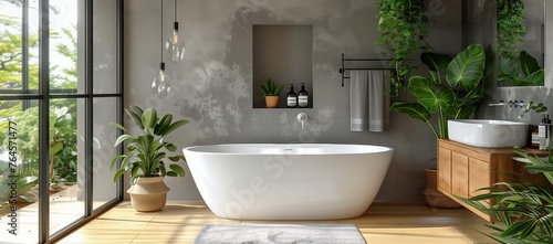 A bathroom with a bathtub  sink  and houseplants in flowerpots. The wood floors and rectangular sink create a peaceful and natural atmosphere