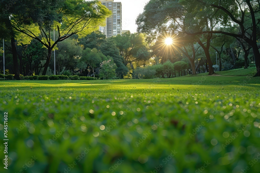 Obraz premium Beautiful landscape of a city park, with beautiful grass, trees and sun