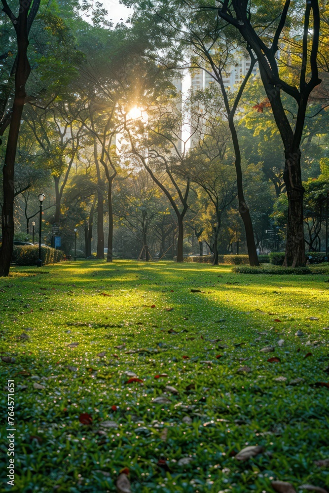 Beautiful landscape of a city park, with beautiful grass, trees and sun