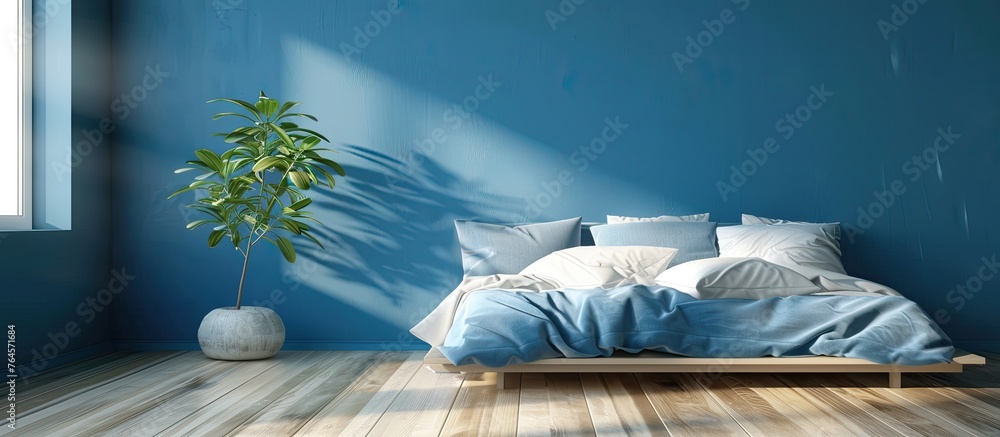 Interior of a room furnished with blue painted walls and hardwood floors, creating a cozy and serene atmosphere