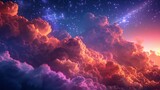 Mystical night sky featuring colorful clouds and soft, glowing stars